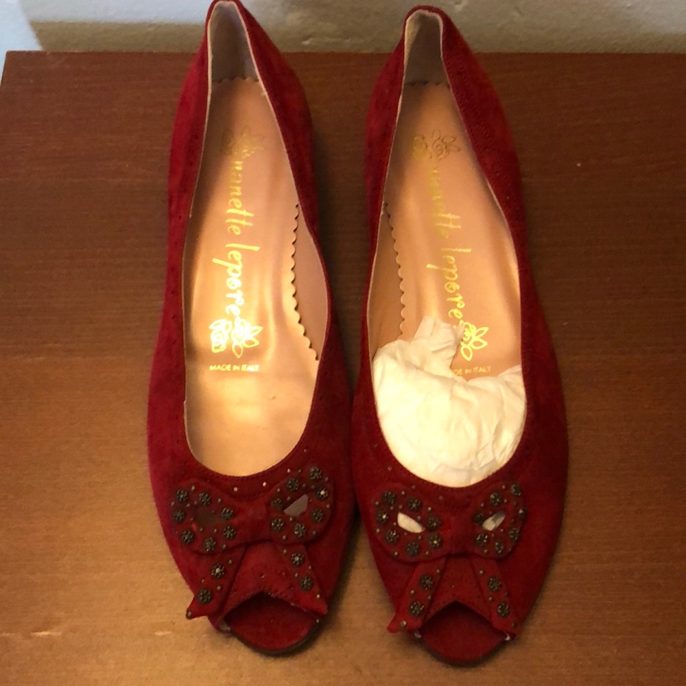 Nanette Lepore red suede peep toe flats